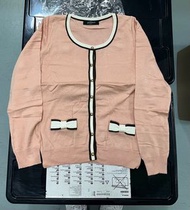 全新 夏秋粉杏色併白色邊彈力長袖可愛蝴蝶結薄外套開衫冷氣空調針織外套 jacket cardigan ball Ol 返工上班 party dating 約會 休閑 情人節 新年