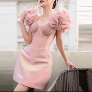 {SUNSHINE Club} 2023 Summer Vietnam Designer Niche Pink Small Dress Leaky Shoulder Narrow Waist Pink Dress
