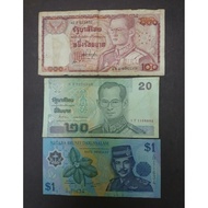 BRUNEI 1 DOLLARS & THAILAND 20, 100 BAHT BANKNOTES.