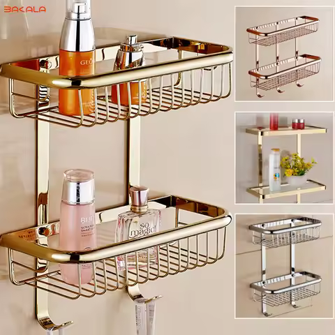BAKALA Brass Bathroom Shelves With Robe Hook 2-Tier Bathroom Storage Basket Wall Mount Bathroom Shel