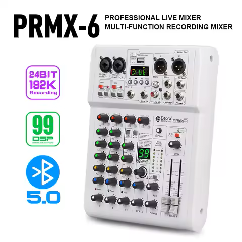 PRMX-6 Audio Mixer, DJ Mixer with 5.0 BT, 99 DSP Digital Reverb, USB Recording, Studio Quality 24bit