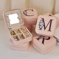 [Printed Letter Pink Style] PU Simple Storage Mirror Box 26 Printed Letter Jewelry Box Portable Orna