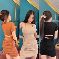 SpinnyHouse Knitted Dress U-Neck Short Sleeves ️The Work Is As Shown In The Picture️ Side Ruffles At