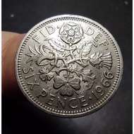 Great Britain Queen Elizabeth II 6 Pence Old Coin Year 1966
