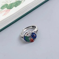 Retro Enamel Cloisonne Alloy Ring Burnt Blue Craft Fish Lotus Lotus Koi Ring Live Ring 26.3.17