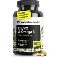 Natural Elements Vitamin D3+K2+Omega 3 – Premium K2VITAL ®   From Kappa 99.7+% Full Reverse Type K2-