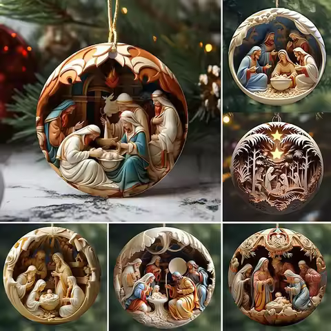 Painted Jesus Nativity Christmas Tree Pendant 2d Acrylic Keepsake Religious Ornament Creative Decora