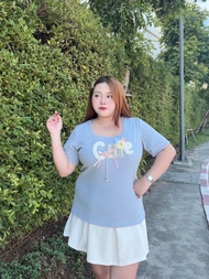 เสื้อยืดคอเหลี่ยมสาวอวบ สุดCute ใส่พรางหุ่น ผ้าร่องยืดใส่สบาย