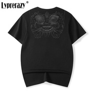 Lyprerazy Summer National Tide Dance Lion Embroidery Short-sleeved T-shirt Men Loose Cotton Tees