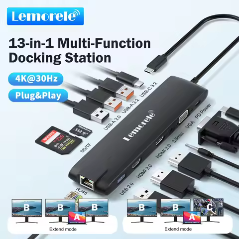 Lemorele TC96 USB Hub USB 3.1 Dock Station USBC to Dual HDMI 4K 10Gpbs Type-C Adapter VGA USBC 3.1Gi