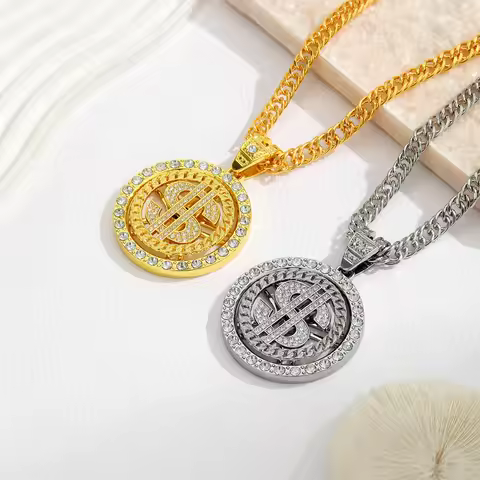 A Trendy Dollar Pendant Necklace with a Unique Style, Featuring a Diamond-Encrusted Dollar Cuban Cha