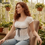 Lovito Women's Eyelet Embroidery Tie Front Colorblock Blouse, Cute Plain Style L177AD890