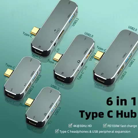 6 in 1 USB C Hub PD100W USB3.0/USB2.0/USB3.1 Type C to 3.55mm Jack Adapter USB Extender Hub for HDMI