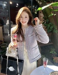 千金小姐風 淺紫色薰衣草浪漫小香風毛邊粗花呢編織外套 短外套 短褸 chanel-styled tweed coat outer jacket 斯文OL返工開會約會必備