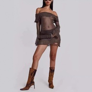 E1HX d London Merad Sexy Knitted Hollow Frayed One-Shoulder Dress Women