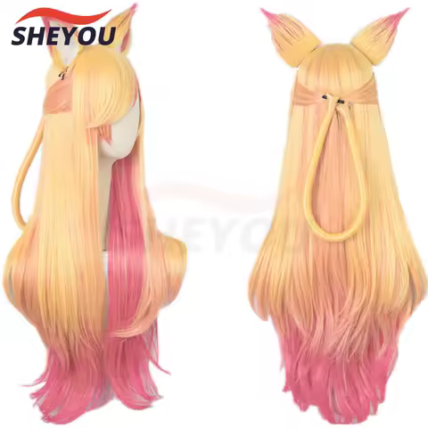 LOL Ahri Gumiho Star Guardian Golden Pink Mixed Color Ombre Wavy Wave Long Heat Resistant Hair Cospl