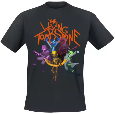 The Living Tombstone Cartoon Band Tee, EDM Rock T-Shirt with Orange Logo & Colorful Characters Print