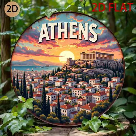 HD Tin Sign, Athens Greece Acropolis Sunset Round Metal Wall Art, Vintage Travel Souvenir Decor