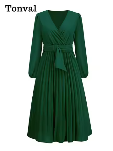 Tonval V-Neck Elegant Tea Dress 2024 Autumn Clothes for Women Bishop Sleeve Elastic Waist Pleated So