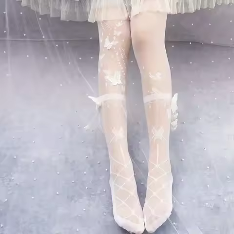 Butterfly at Night ~ Sweet Lolita Tights Sheer Wedding Pantyhose for Summer by Yidhra