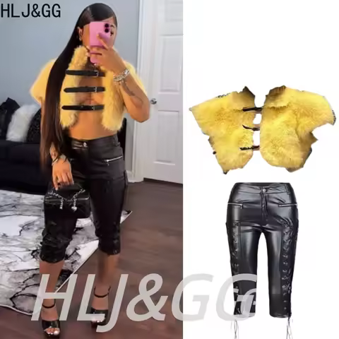 HLJ&GG Trend Fashion Hollow Two Piece Sets Women Stand Collar Fake Fur Crop Coat+Side Bandage Leathe