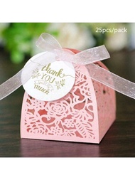 25入組粉色玫瑰造型糖果盒配謝謝標籤和中空巧克力禮盒,適用於婚禮、情人節、生日、派對等活動或裝飾