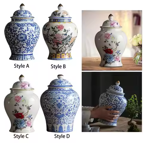 Chinese Style Ceramic Ginger Jar Beautiful Dried Flower Vase Glazed Asian Decor Chinese Blue White V