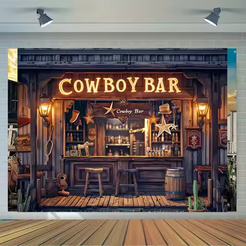 1pc, retro western bar background banner - Homer themed party decoration, including wooden bar, whee