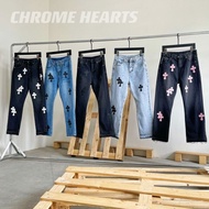 FJ1Q Chrome Hearts jeans Tibetan silver cross leather straight high-street jeans loose American crom