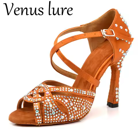 Venuslure Tan Salsa Dance Shoes with Crystal Stones Suede Soles 10CM Dancing Shoes Bacha Latin Dance