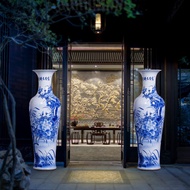 S/🌔Jingdezhen Ceramic Handmade Blue and White Flower Vase Blue and White Flower Rich Auspicious Floor Large Vase Living