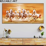 Stylish Nordic Wall Decor - 7 Galloping Horses Canvas Painting with Modern Moon Landscape Sky Poster
