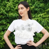 iCONiC SILVER ROSES T-SHIRT #4842 เสื้อยืด ปัก ดอกกุหลาบ สีเงิน 3มิติ แต่ง ระบายพลีท เสื้อยืดผญ เสื้