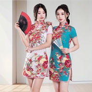 Cheongsam Short Dress Floral Fashion Qipao Baju Cheongsam Muslimah Tradisional Cina Perempuan Dress 