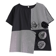 XITAO Asymmetrical Blouse Contrast Color Striped Patchwork Three-dimensional Flower Decoration Women