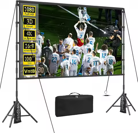 100 Inch Portable Projector Screen with Stand, 16:9 Foldable for Indoor Outdoor Movie Nights, Suppor