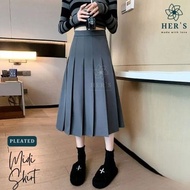 Hers - Naya Midi Skirt - High Waist Plain Pleated Midi A-Line Skirt - Rok Wanita Rok Lipit Rok Korea