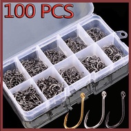[DT] 100Pcs Fishing Hooks Set Carbon Steel Single Circle Fishing Hook Fly Fishing Jip Barbed Carp Ho