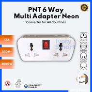 PNT 666 | 6 Way 13A T-Adaptor (Multi) with Surge Protector & Neon Converter for All Countries 2000W