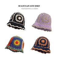 New Bohemian Hand Crochet Hat Fashion Flower Knitted Bucket Hat Autumn Winter Outdoor Warm Niche Pot Hat