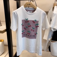 Ladies Summer Cross Stitch Cherry Pattern Round Neck Half Sleeve t-Shirt