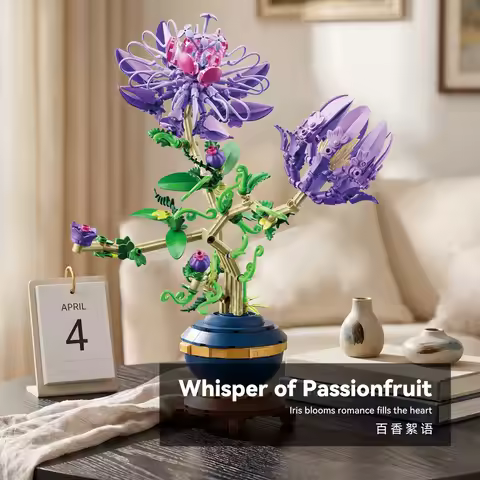Building Blocks Purple Passion Flower Bonsai Model, Artificial Flower Botanical Bricks Set, DIY Asse