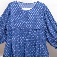 木刻印純棉泡泡袖洋裝 印度棉有機棉 手工蓋印藍染長袖長裙-鋪棉