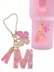 1入組女用首字母鑰匙扣,帶有粉色閃粉樹脂雪花、蝴蝶和流蘇裝飾的汽車吊飾,禮品配件