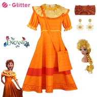 Encanto Women Pepa Madrigal Cosplay  Costume for Adult Women Orange Aunt Printed Dress Earrings Head