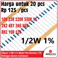 20x Metal Film Resistor 1/2W 1% 10R 22R 220R 330R 1K 2K2 4K7 5K6 6K8 8K2 10K 12K