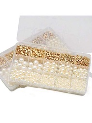 1 Caja De Conjunto De Imitación De Perlas Con 15 Compartimentos, Alrededor De 1240 Piezas De Cuentas En Forma De Corona Y Estrella De Cinco Puntas (kc Dorado, Blanco, Dorado, Oro Rosa) Para Hacer Pulseras, Aretes, Collares Con Separadores, Accesorios De Material De Joyería Diy