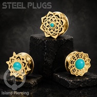 Mandala Stainless Steel Plug Piercing Earrings gold Color Turquoise Epoxy Ear-tunnel