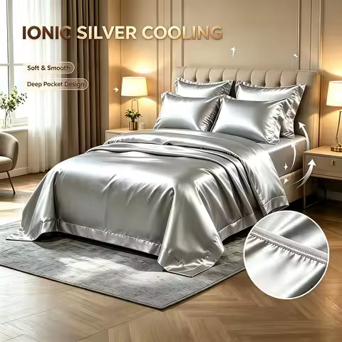 2200 Thread Count Ionic Silver Cooling Satin Bed Sheet Set, Luxury Hotel Silky Soft Bed Sheets, Deep