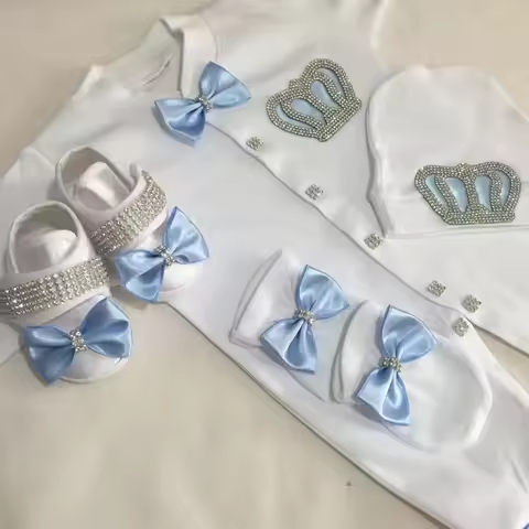 Dollbling Newborn Set Baby's Sets Rhinestone Crown 0-3 Months Hat+Bodysuits+Gloves+Shoes 4 Parts Boy